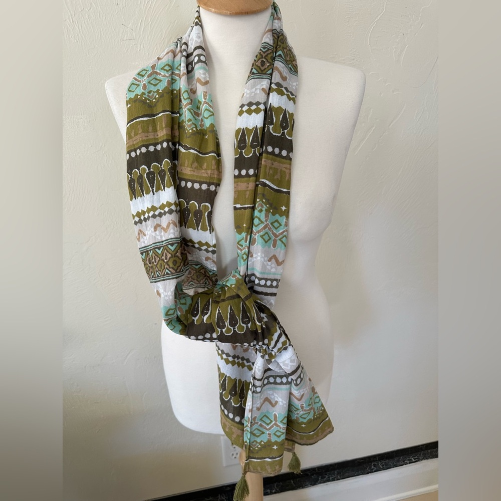 Boho Earth-Tone Cotton Scarf | Olive & Turquoise Tribal Print | Tassel Ends